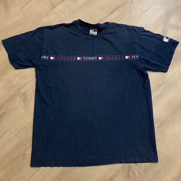 Vintage 90s Tommy Jeans T-Shirt Mens Large L Navy Blue Flag Spell Out Hilfiger - Picture 1 of 8